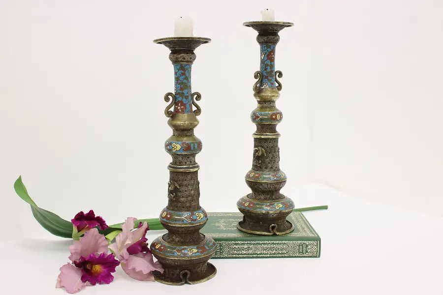 Photo of Pair of Antique Chinese Bronze & Cloisonne Candlesticks