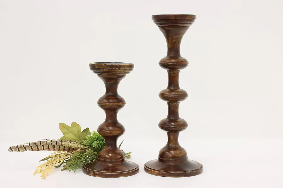 Photo of Pair of Vintage Farmhouse Grained Spool Candlesticks