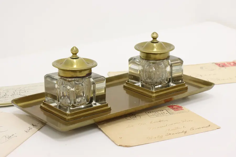 Photo of Desktop Antique Crystal Inkwells Brass Pen Tray