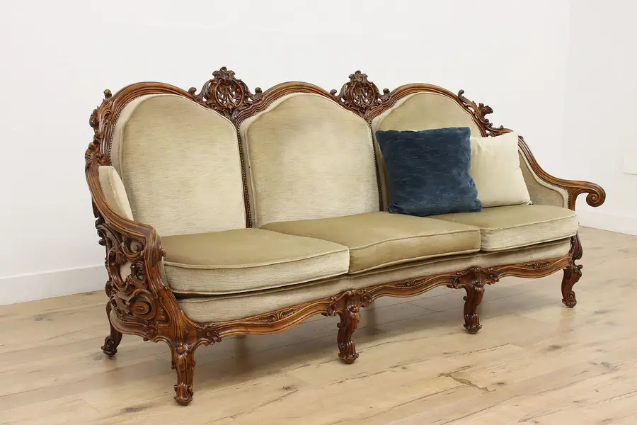 Photo of Swedish Antique Hand Carved Walnut & Mohair Sofa
