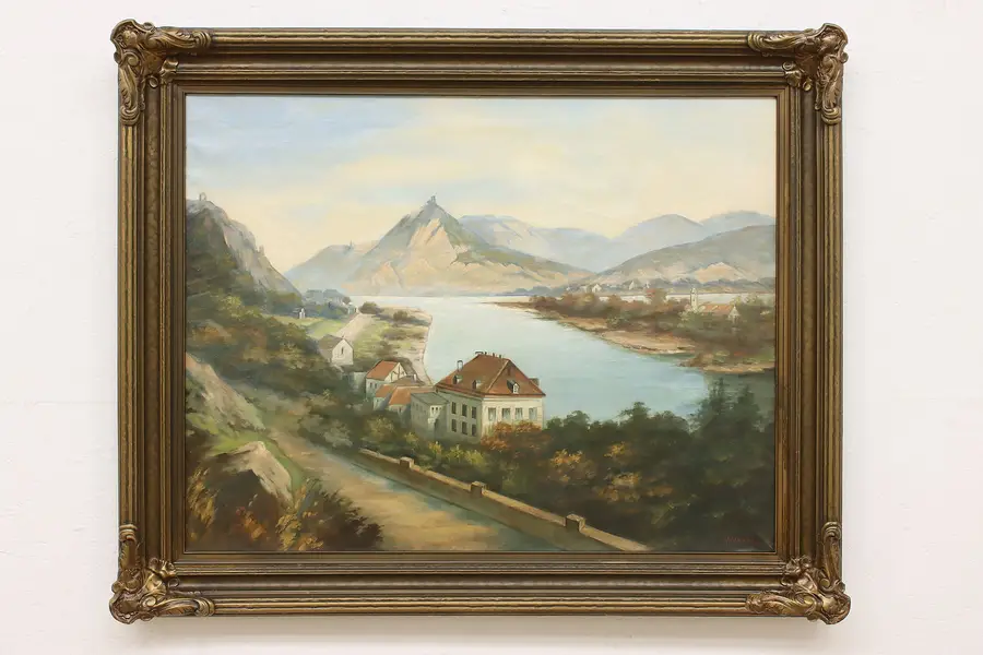 Photo of Coastal Estate View Vintage Original Oil Painting Gloede 44"