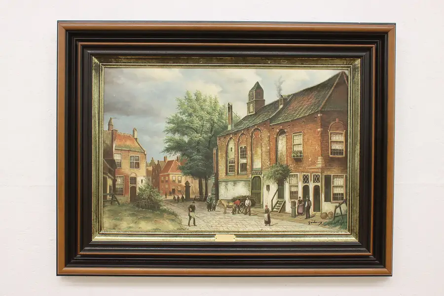 Photo of Town Daily Life Vintage Original Oil Painting Quidousse 48"