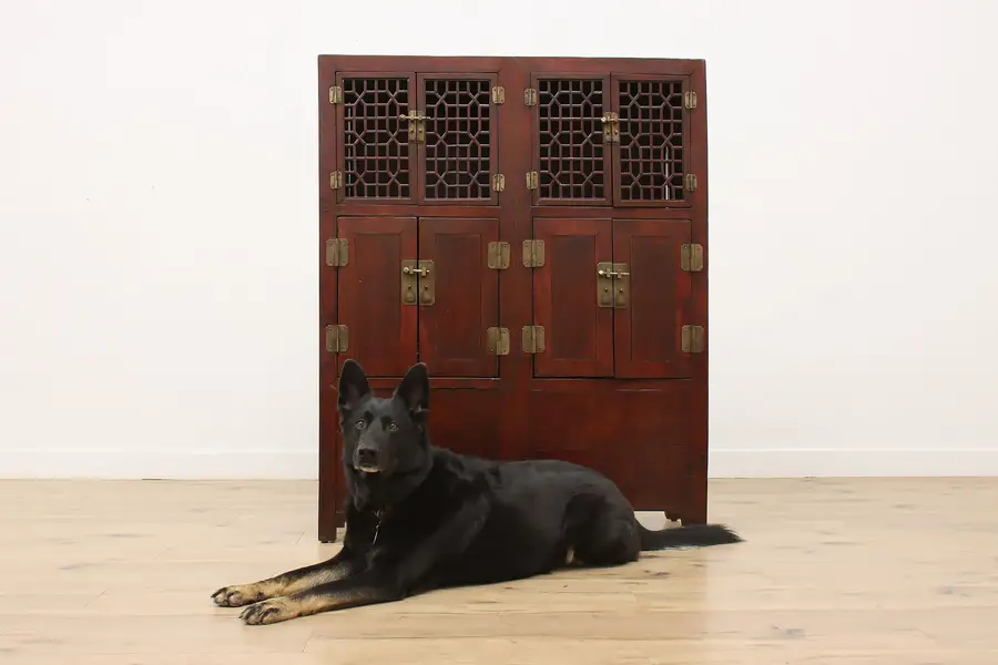 Photo of Asian Vintage Pine & Elm Bookcase Bar or Display Cabinet