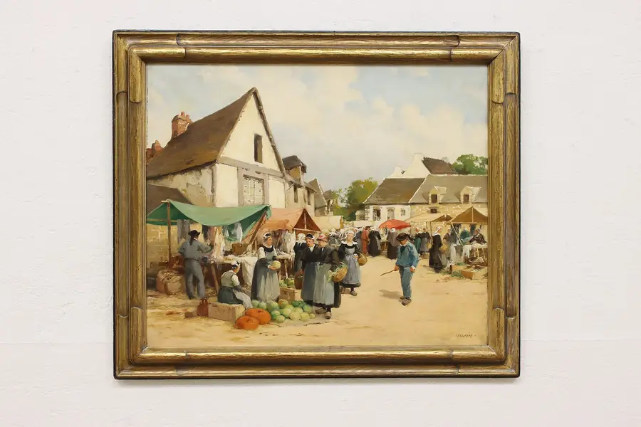 Photo of French Market Day Antique Original Painting Leclaire 30.5"