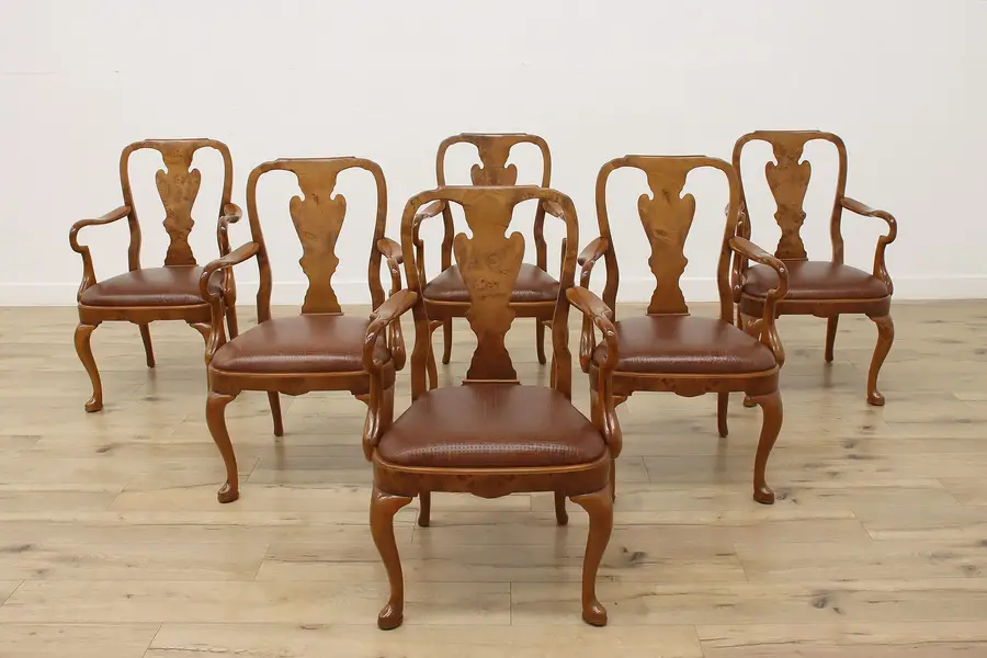 Photo of Set of 6 Georgian Vintage Elm Burl & Leather Dining Chairs