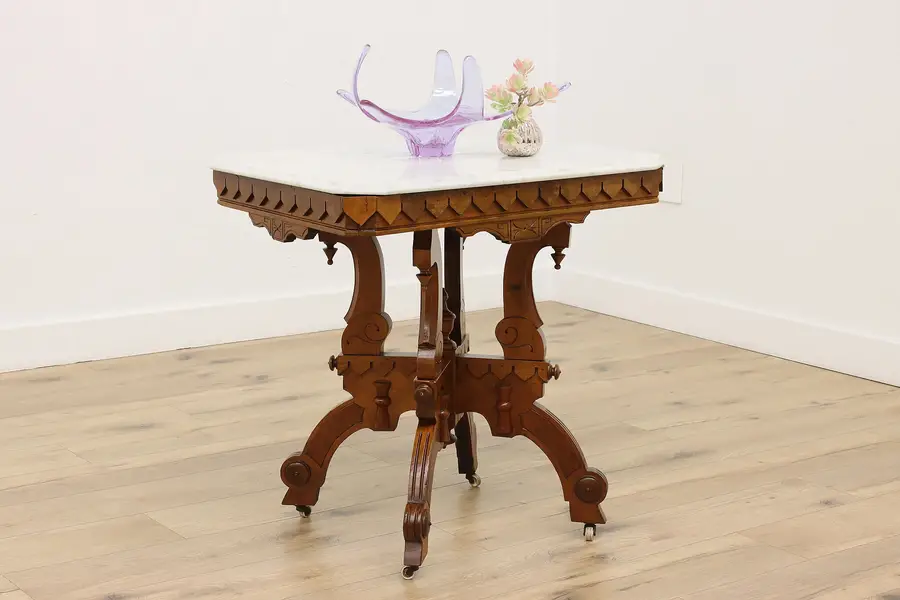 Photo of Victorian Eastlake Antique Carved Walnut & Marble Top Table