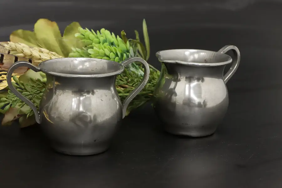 Photo of Pair of Vintage Farmhouse Pewter Sugar & Creamer Set