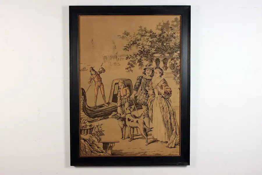 Photo of French Family, Dog & Gondola Framed Antique Tapestry 54.5"