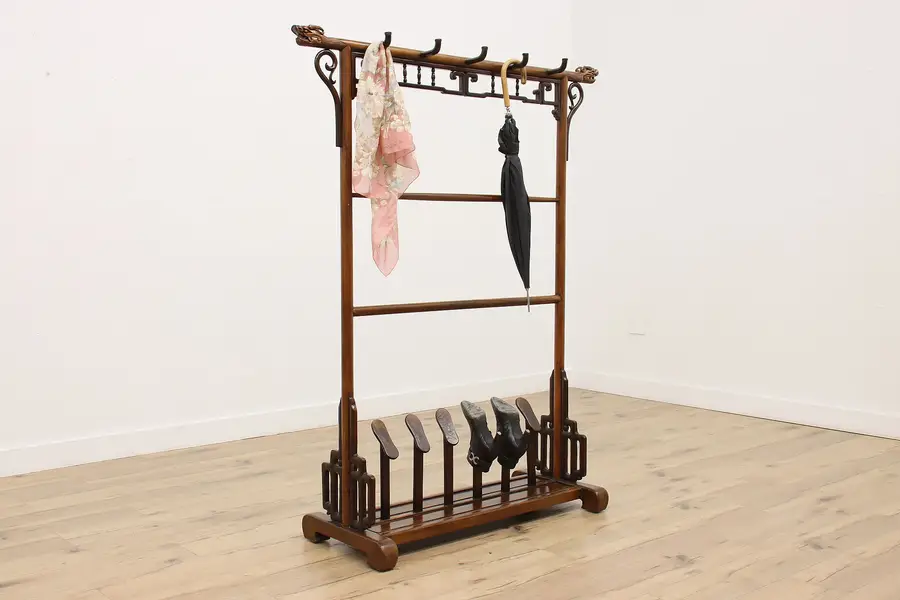 Photo of Asian Vintage Carved Mahogany Coat & Shoe Hall Stand Dragons