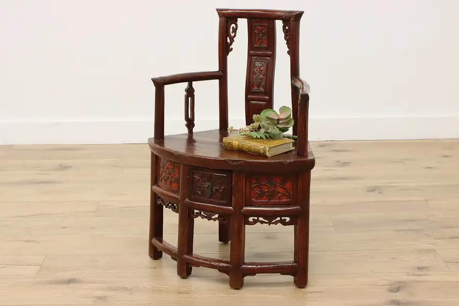 Photo of Asian Vintage Carved Mahogany Corner Chair Drawer Signed