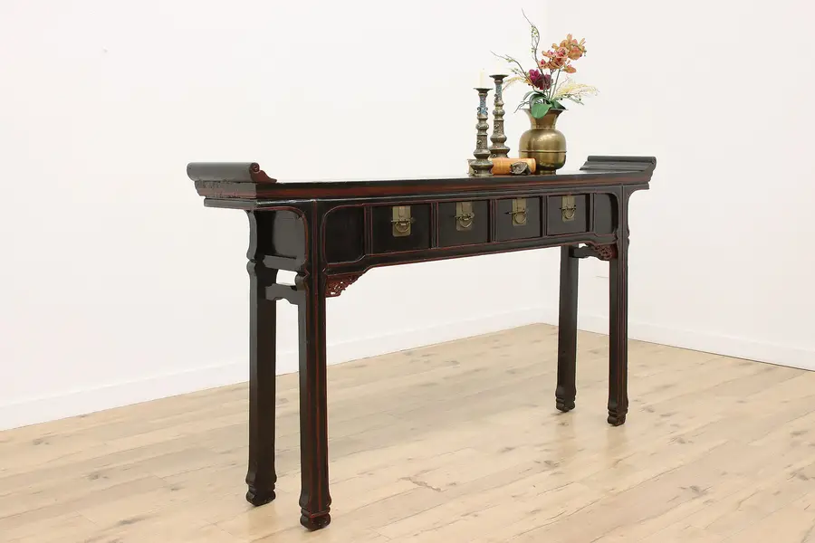 Photo of Chinese Vintage Carved Pine Altar Table Hall Console Server