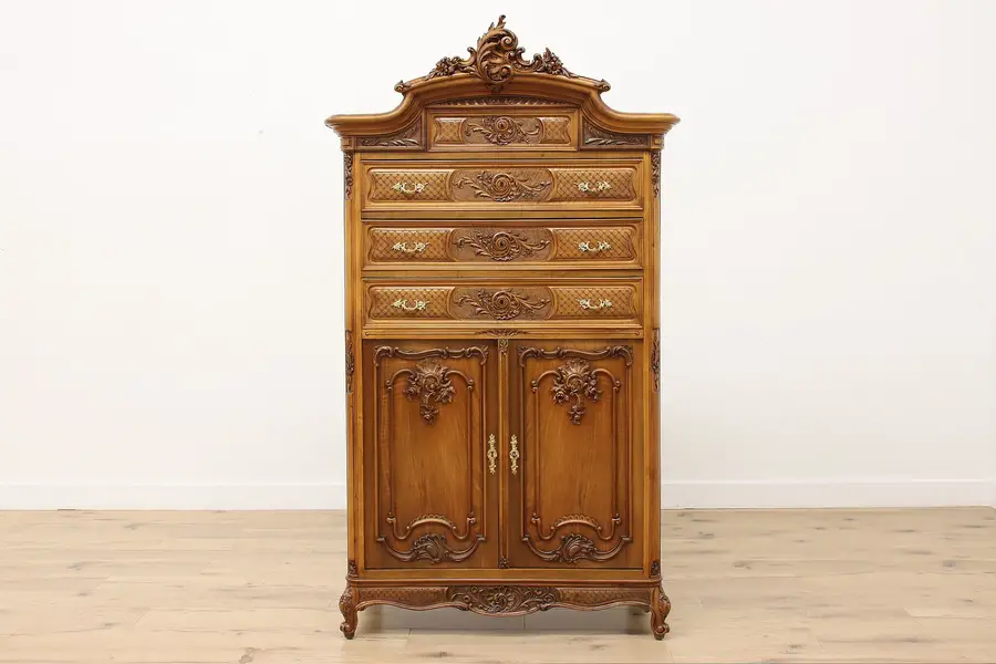 Photo of French Antique Carved Walnut Tall Dresser Chest or Cabinet