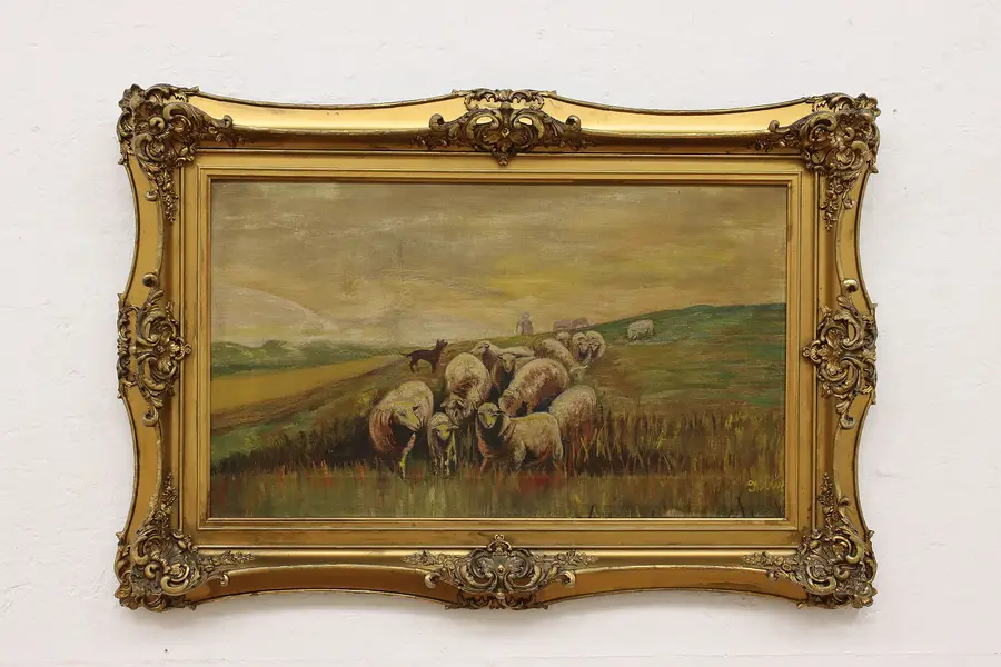 Photo of Shepherd & Flock Antique Original Oil Painting Signed 29"
