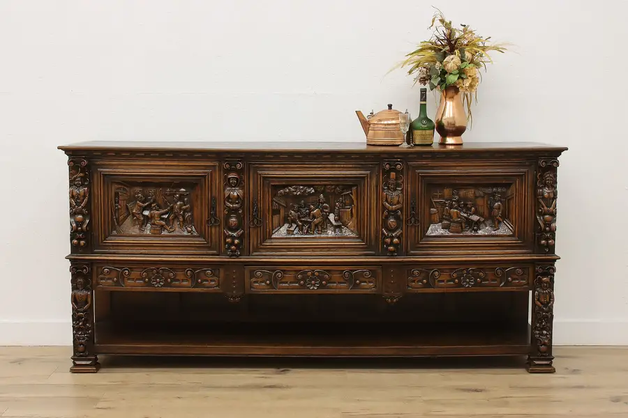 Photo of Renaissance Antique Oak Buffet Sideboard TV Console, Scenes