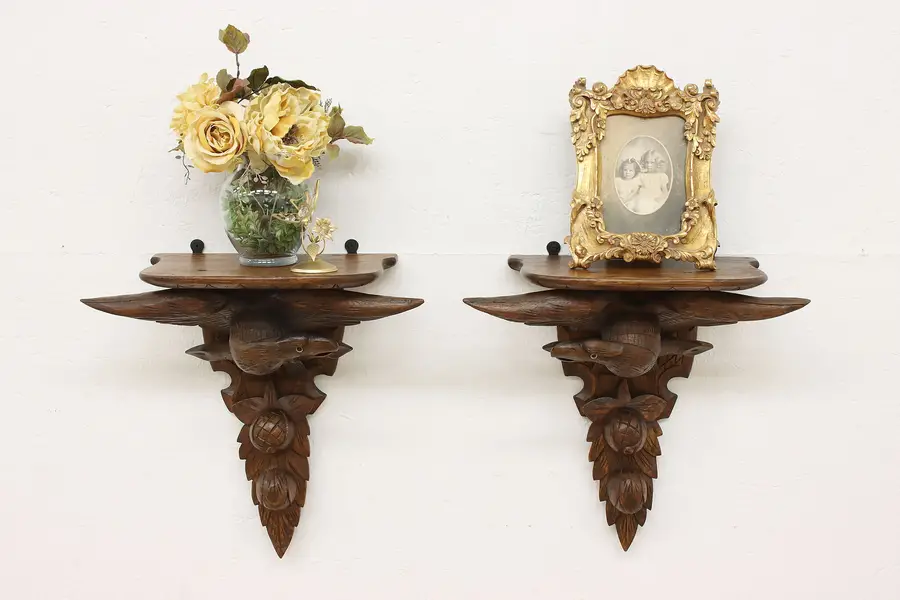 Photo of Pair Folk Art Antique Oak Carved Eagle Wall Display Shelves