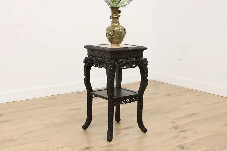 Photo of Asian Vintage Carved Rosewood Marble Top Sculpture Stand