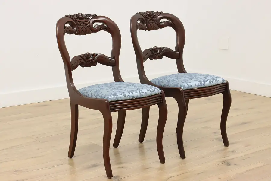 Photo of Pair Victorian Vintage Carved Cherry Side Chairs New Fabric