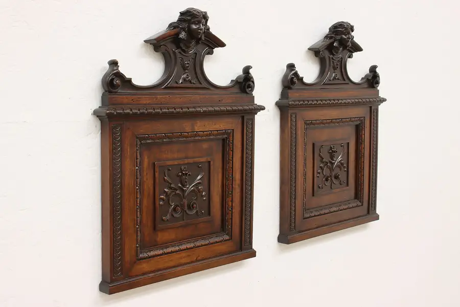 Photo of Pair Italian Renaissance Antique Carved Walnut Wall Crests