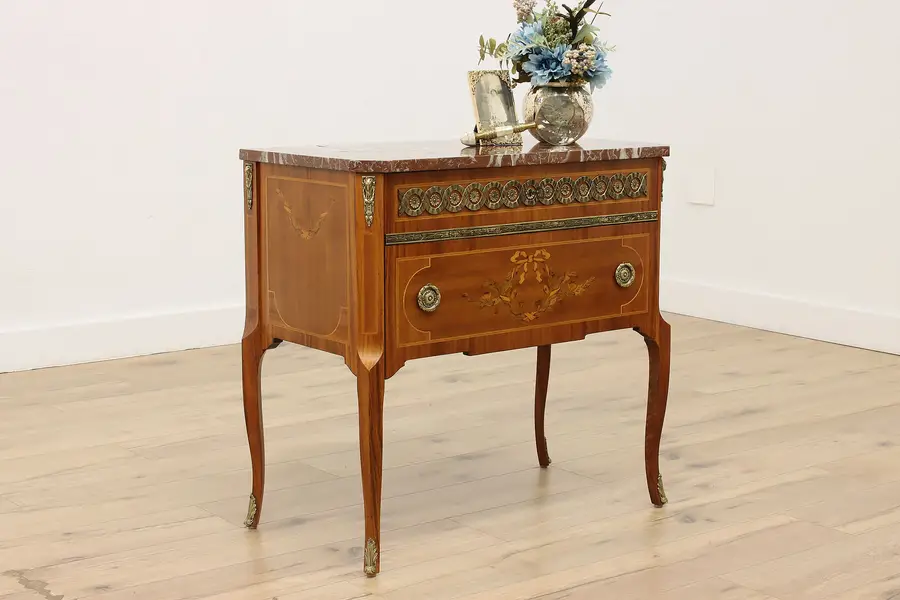 Photo of French Vintage Mahogany & Inlay Nightstand Hall Chest Marble