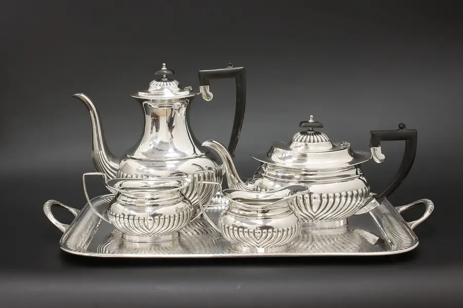 Photo of Georgian Antique 5 Pc Silverplate Tea Set & Tray Sheffield