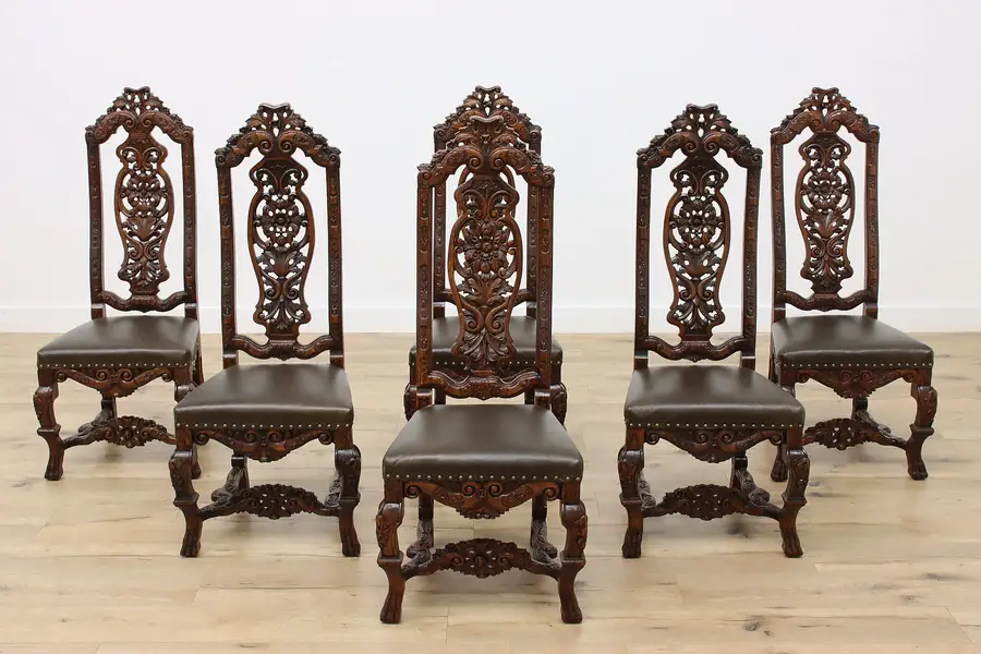 Photo of Set 6 Antique Renaissance Carved Oak & Leather Dining Chairs