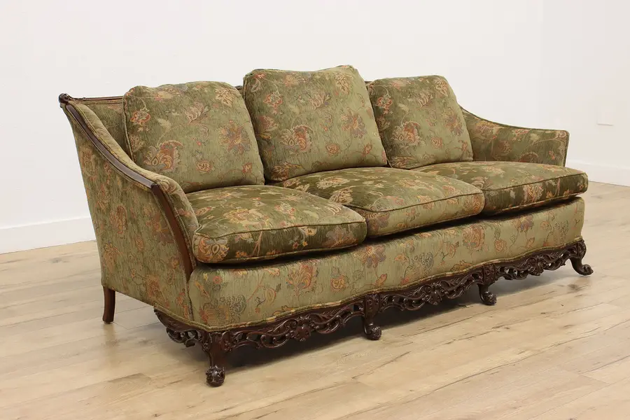 Photo of French Vintage Carved Mahogany Upholstered Sofa or Couch