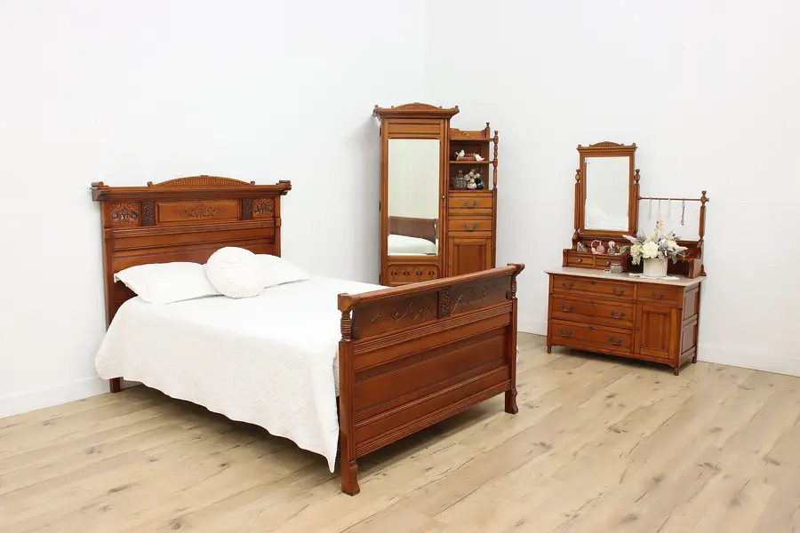 Photo of Victorian Eastlake Antique 3 Pc Queen Bedroom Set Marble