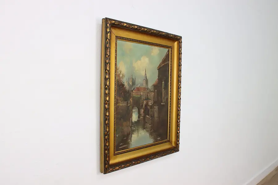 Photo of European City Canal Antique Original Oil Painting Signed 36"