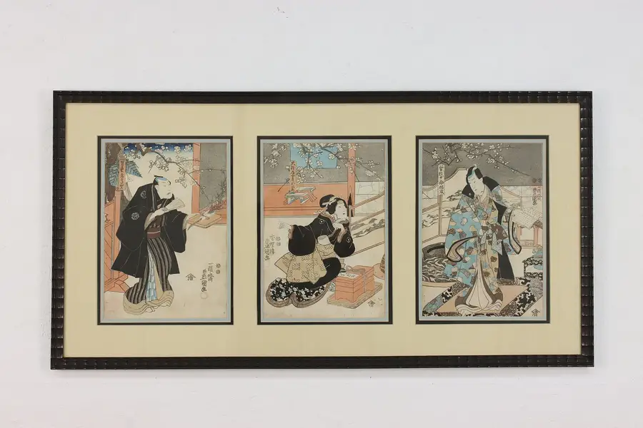 Photo of Japanese Antique Woodblock Triptych Prints Toyokuni 41.5"
