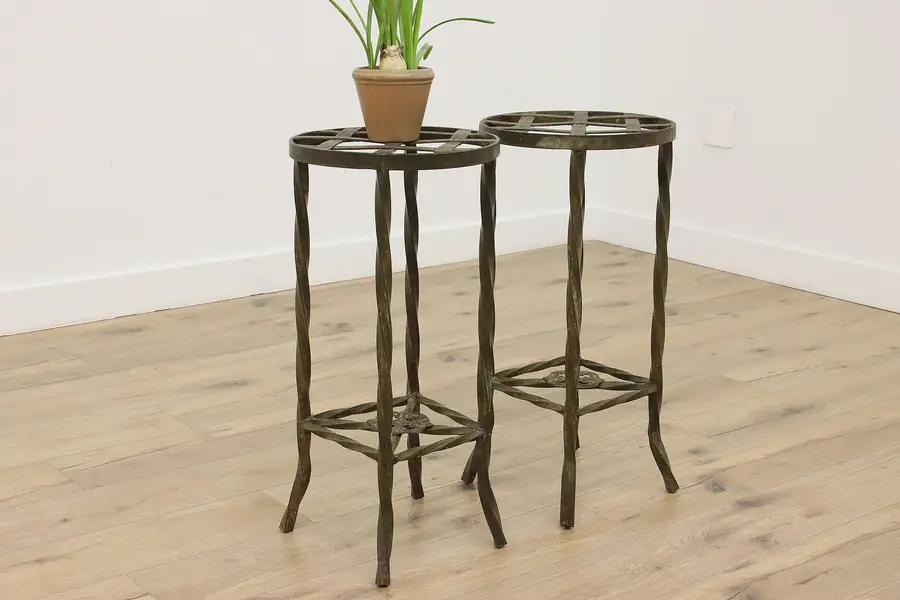 Photo of Pair Vintage Patio Garden Cast Iron Side Tables Plant Stands