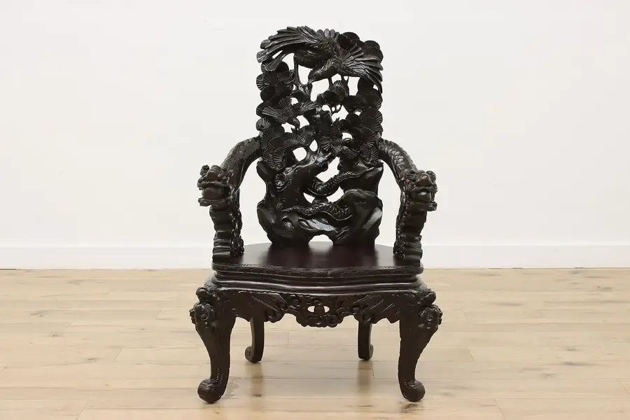 Photo of Chinese Vintage Birch Throne Chair, Birds, Carved Dragons