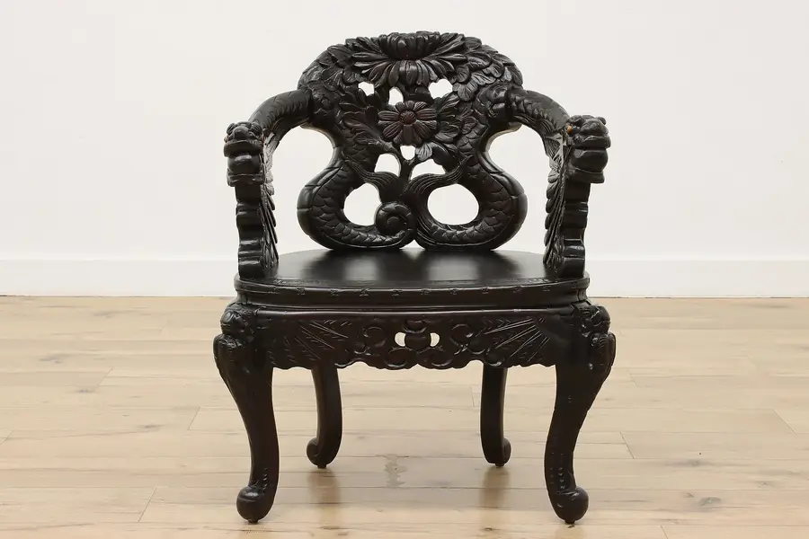 Photo of Chinese Vintage Birch Throne Chair Hand Carved Dragons