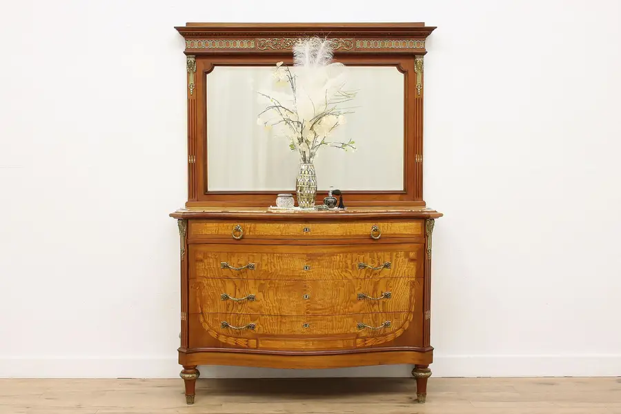 Photo of French Antique Marquetry & Marble Chest Dresser & Mirror