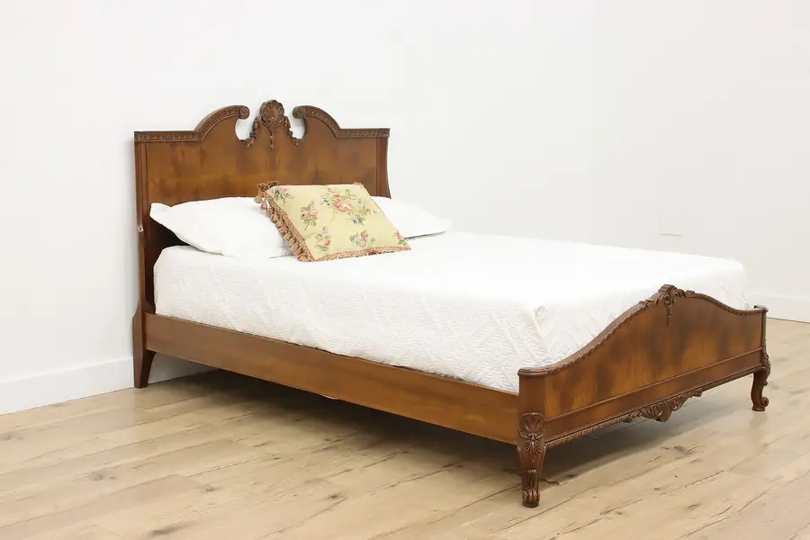 Photo of French Vintage Figured Walnut Full Size Bed, Carved Shells