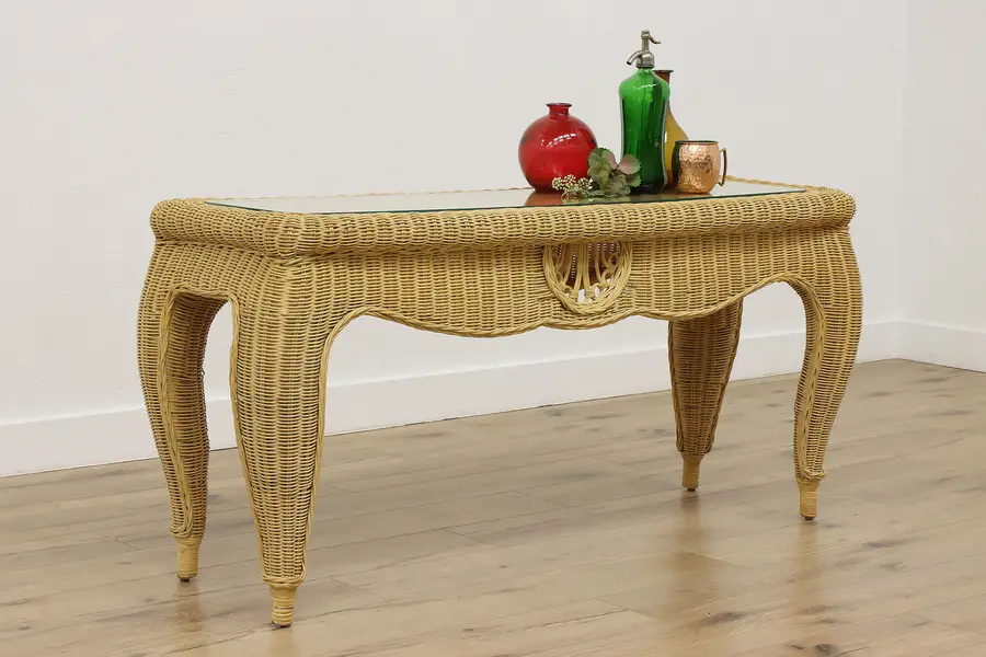 Photo of Vintage Wicker Glass Top Hall Console Sofa Table