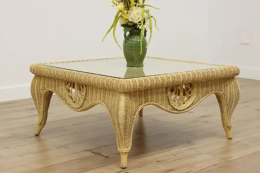 Photo of Wicker Vintage Glass Top Coffee Cocktail Table