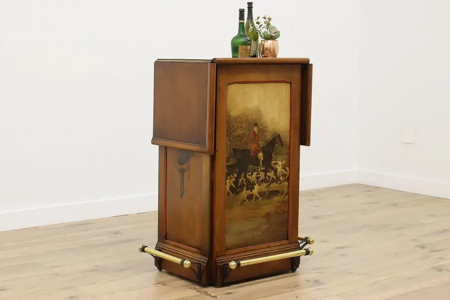 Photo of English Vintage Rolling Drop Leaf Folding Bar, Hunting Scene