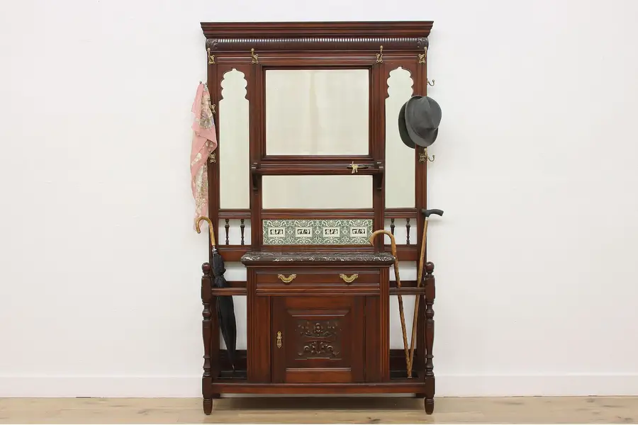 Photo of Victorian Antique Mahogany & Marble Hall Stand, Cherub Tiles