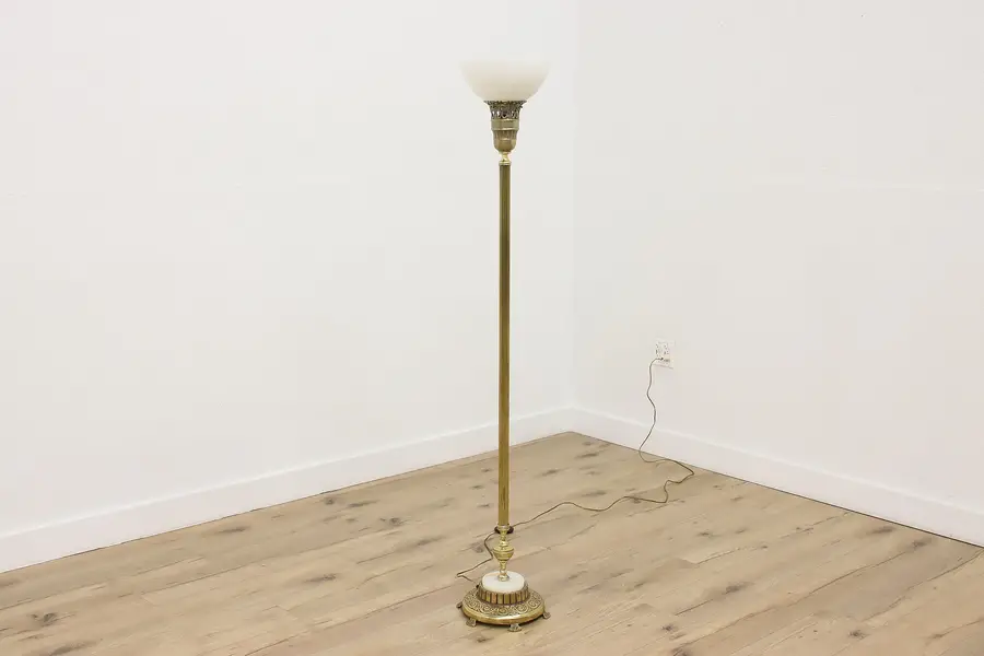 Photo of Classical Antique Torchiere Lamp, Onyx, Milk Glass Shade