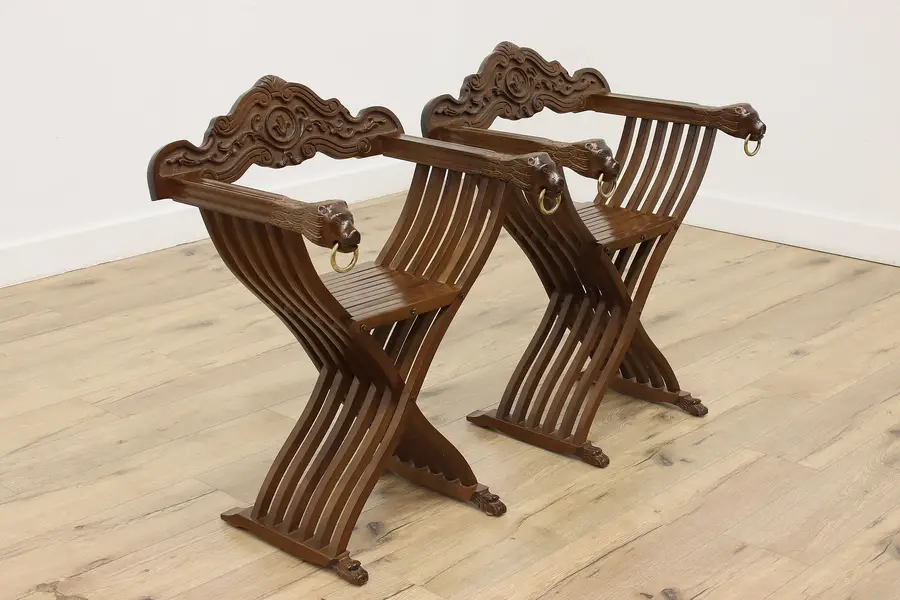 Photo of Pair of Renaissance Vintage Beech Savonarola Chairs Italy