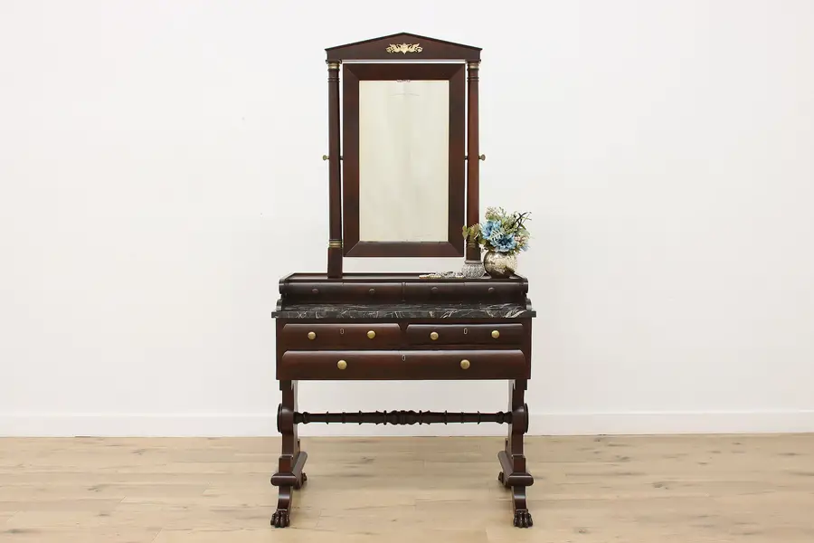 Photo of Empire Antique Mahogany Vanity or Console, Marble & Swans