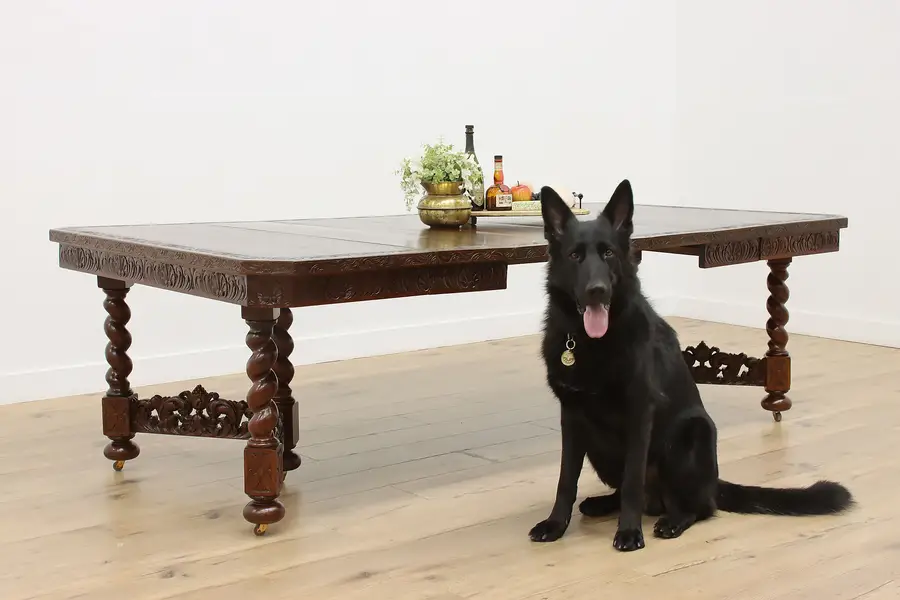 Photo of Black Forest Antique Carved Oak 8' Dining Table, 5 Leaves