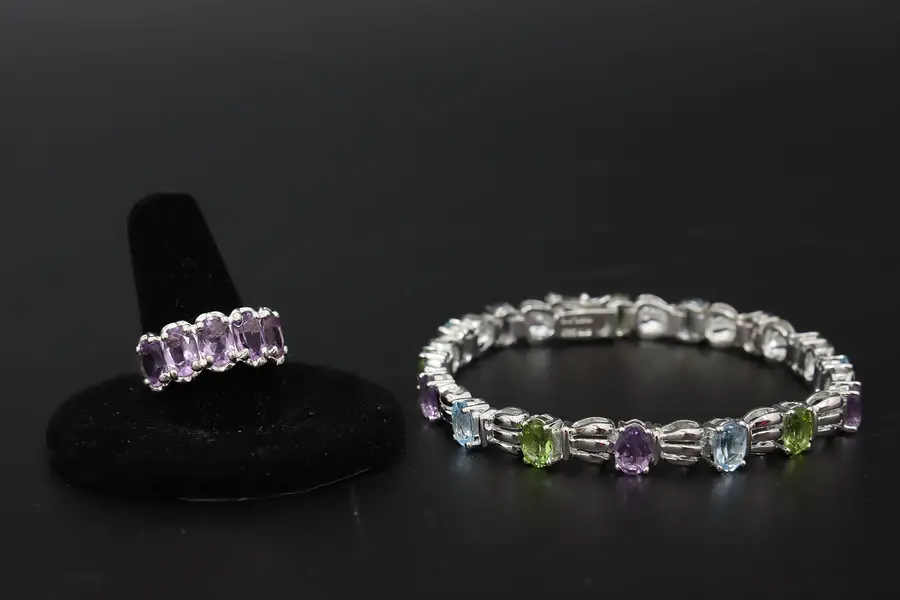 Photo of Sterling Silver Multi-Gemstone Bracelet & Ring Set