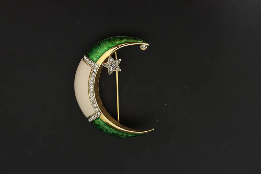 Photo of Signed DeNicola Crescent Moon Enamel & Rhinestone Brooch