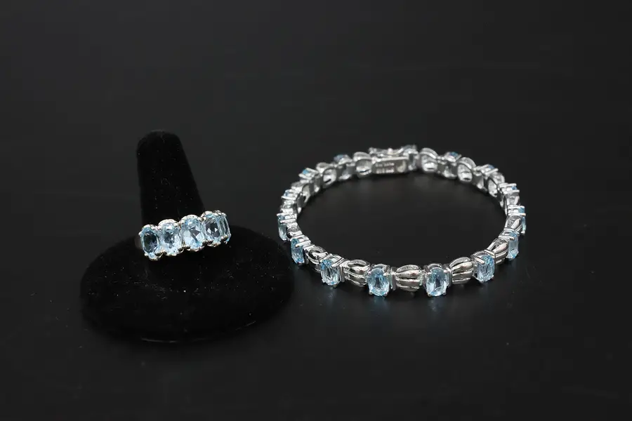 Photo of Sterling Silver Blue Gemstone Bracelet & Ring Set