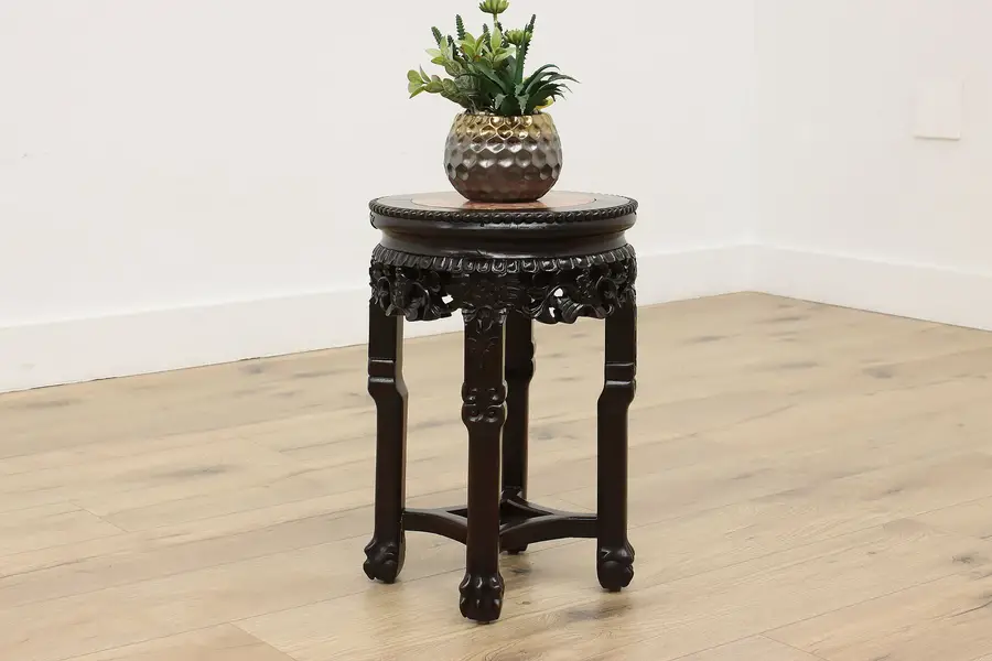 Photo of Asian Vintage Rosewood Marble Top Plant Stand Drink Table