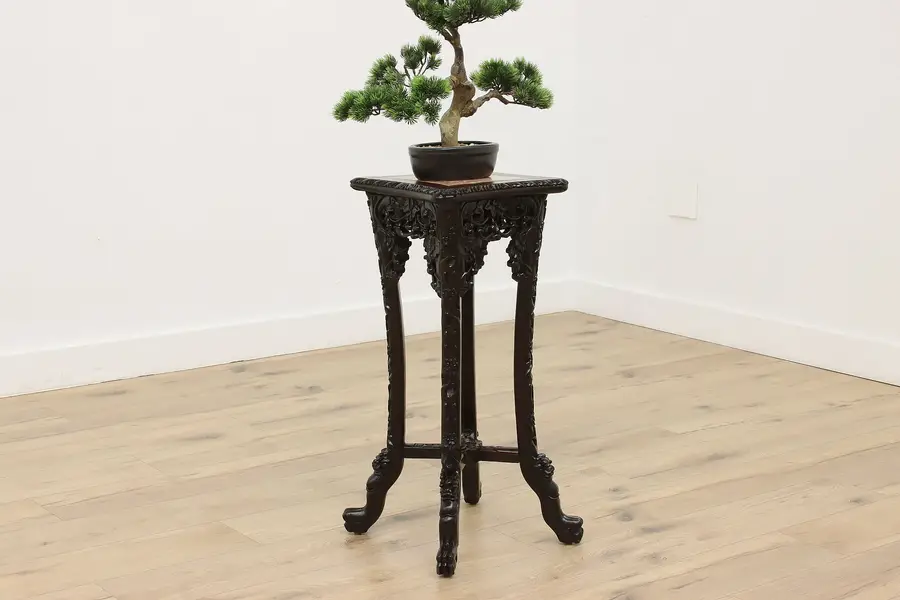 Photo of Asian Vintage Carved Rosewood Marble Top Sculpture Stand