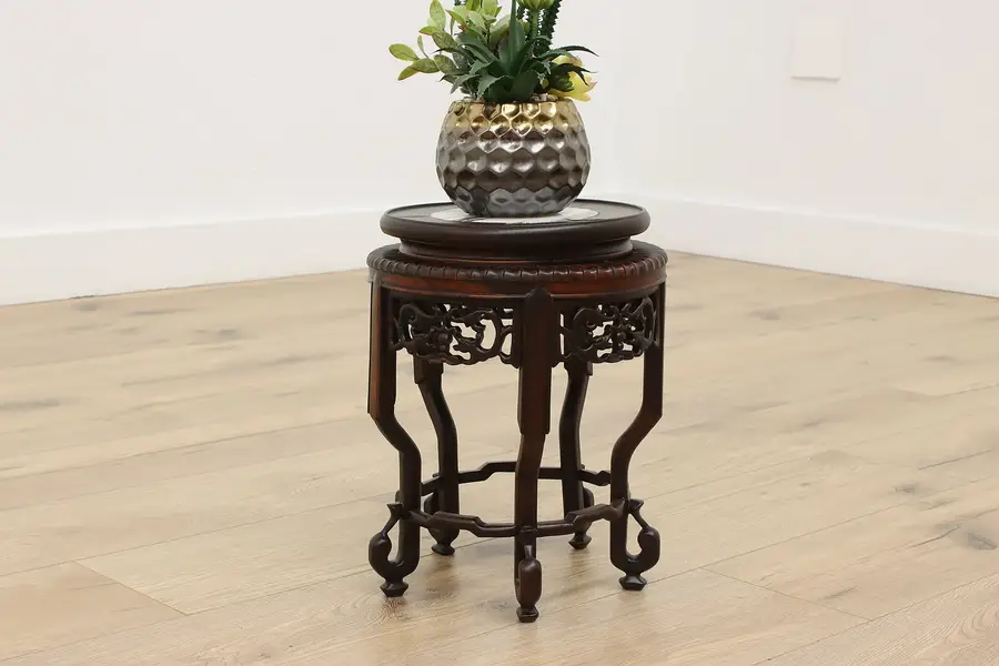 Photo of Chinese Vintage Rosewood Marble Top Plant or Sculpture Stand