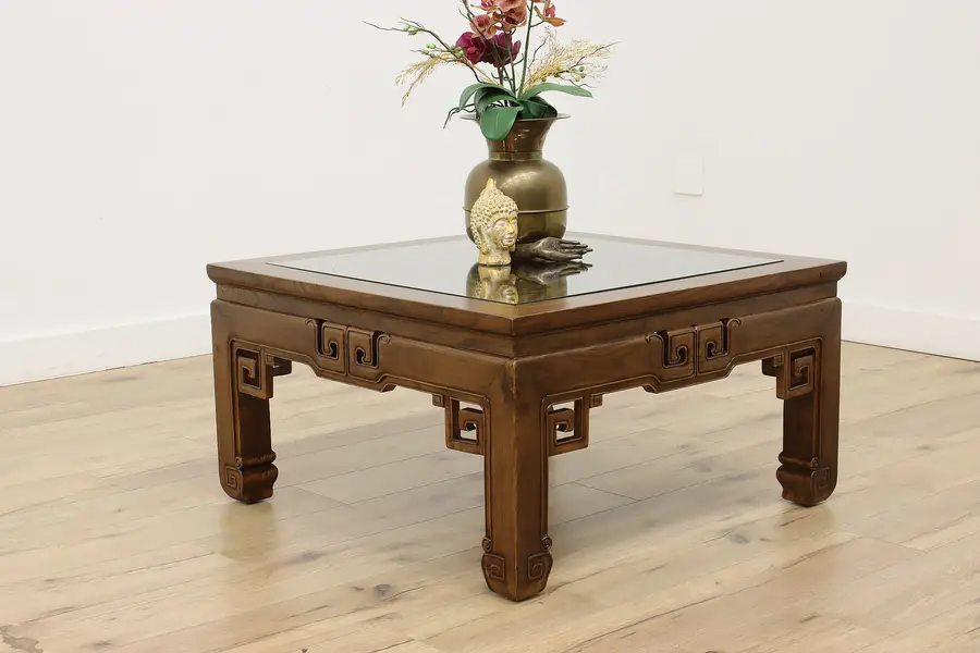 Photo of Chinese Vintage Elm Glass Top Coffee Table, Carved Bats