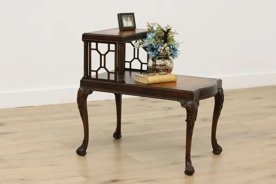 Photo of Georgian Antique Leather & Mahogany End Side Step Table